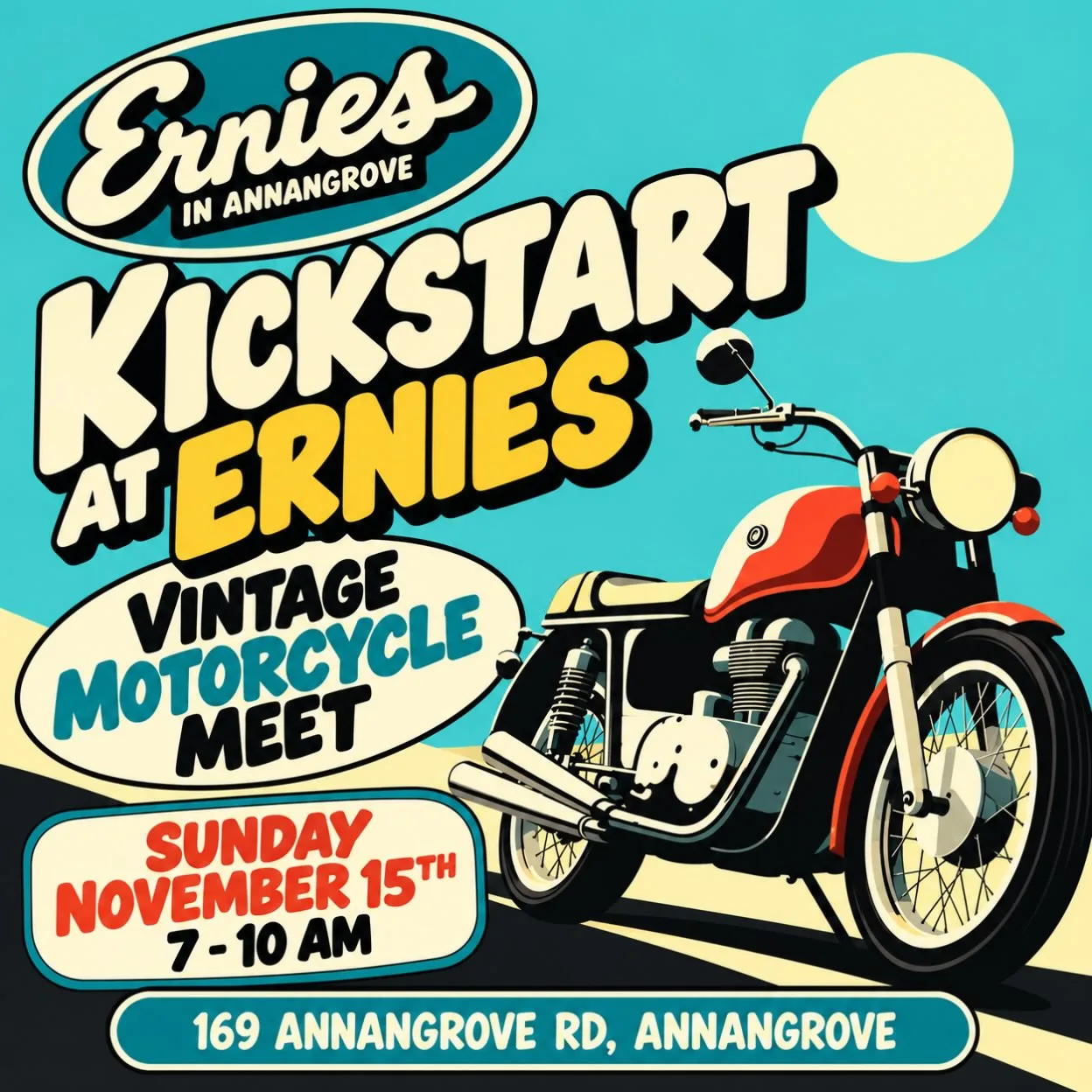 Flyer for Kickstart at Ernies, Vintage Motorcycle Meet